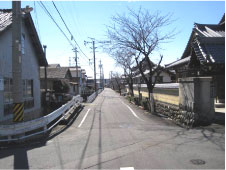 周りに木と家が建つコンクリート造りの交差点の写真