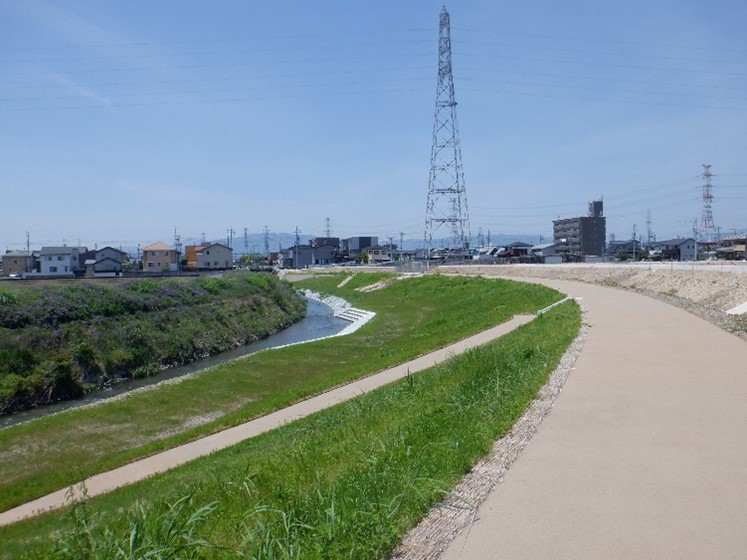 堤防の上の遊歩道付近より撮影された、天王川および河川広場の風景写真