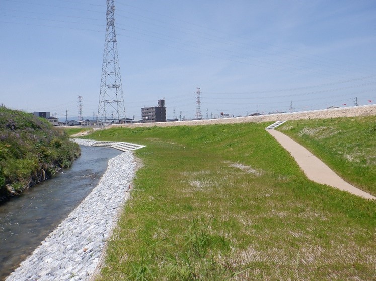 河川広場付近より撮影された、天王川および堤防の風景写真