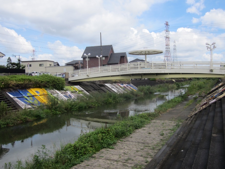 西側より撮影された、百年河川公園の風景写真。写真中央の橋の上に東屋が設けられているのが確認できる