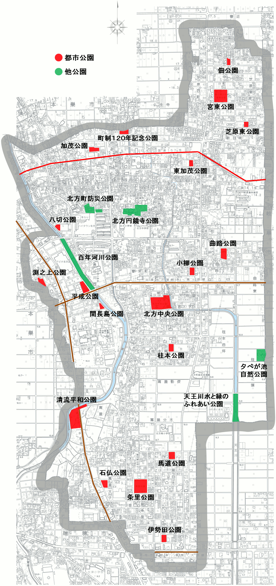 北方町内の各公園箇所図