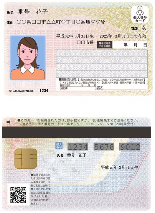 上がマイナンバーカードの表面、下がマイナンバーカードの裏面のサンプル画像