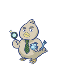 虫眼鏡を右手に持ち、魚を小脇に抱えている鳥のキャラクターのイラスト